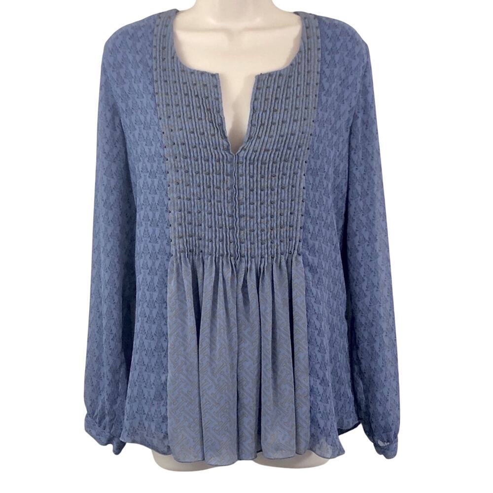 Coldwater Creek Blue Tunic Top Long Sleeve Stud Pin Tuck Gathers Front and Back